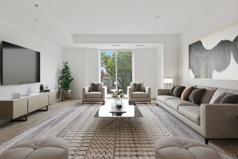 living room with white and black area rug and white wooden framed glass window