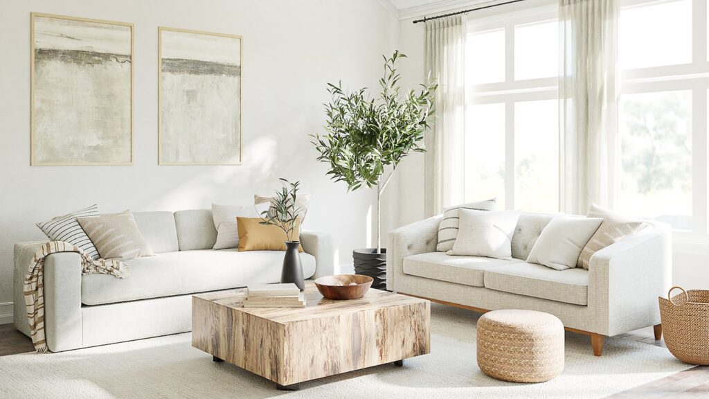 a living room filled with furniture and a large window