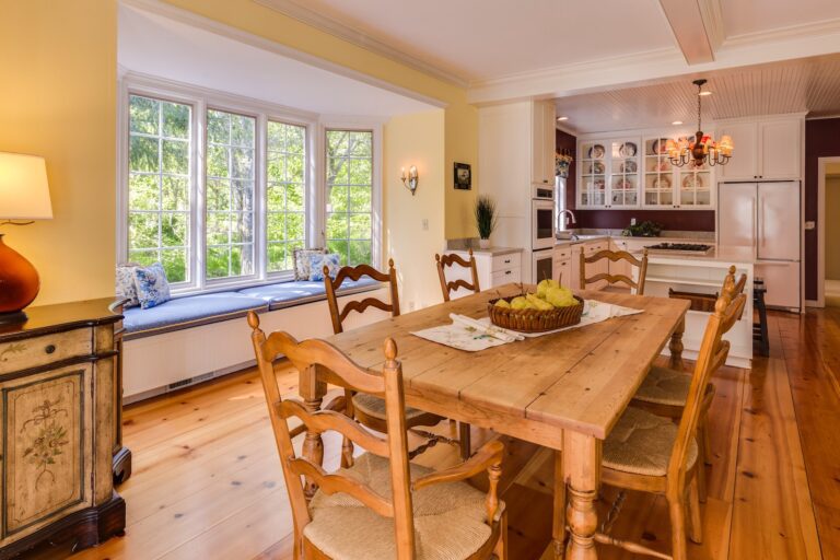 rectangular brown wooden table with chairs set